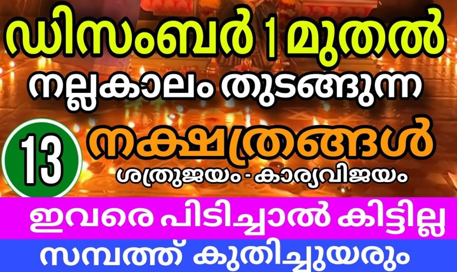 ഡിസംബർ ഒന്നു മുതൽ ഈ 13 നക്ഷത്ര ജാതകർ സൗഭാഗ്യത്തിന്റെ കൊടുമുടിയിൽ..